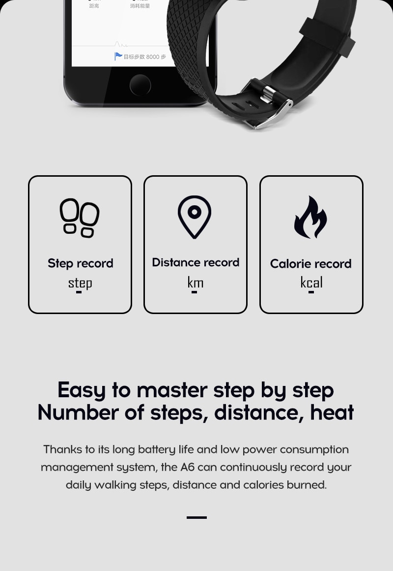 LYKRY A6S Smart Bracelet Fitness Tracker Heart Rate Blood Pressure Monitor Smart Band IP67 Waterproof Sports For Android IOS+Box (7)