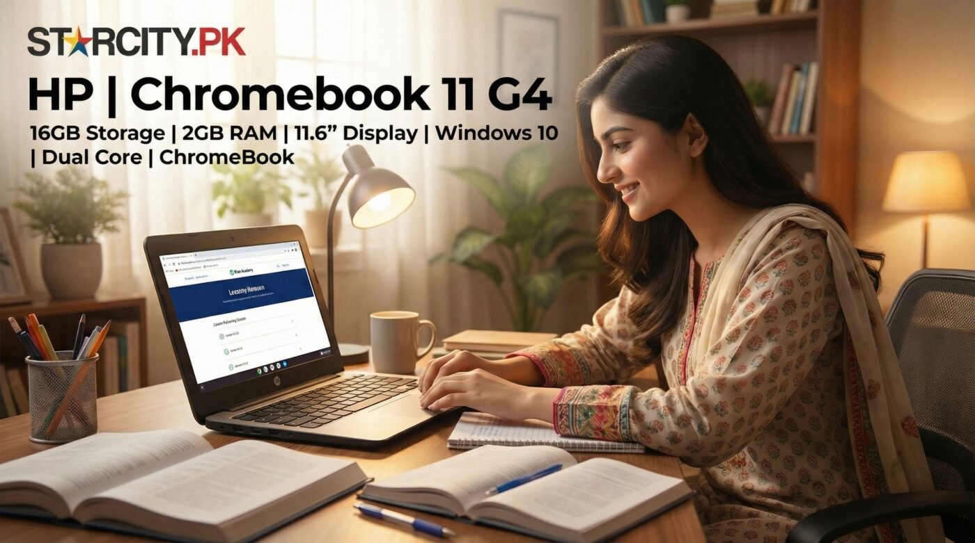 HP Chromebook 11 G4 11.6-inch laptop with Intel Celeron processor, 4GB RAM, and 16GB SSD, non-touch display, black exterior, designed for everyday use and education