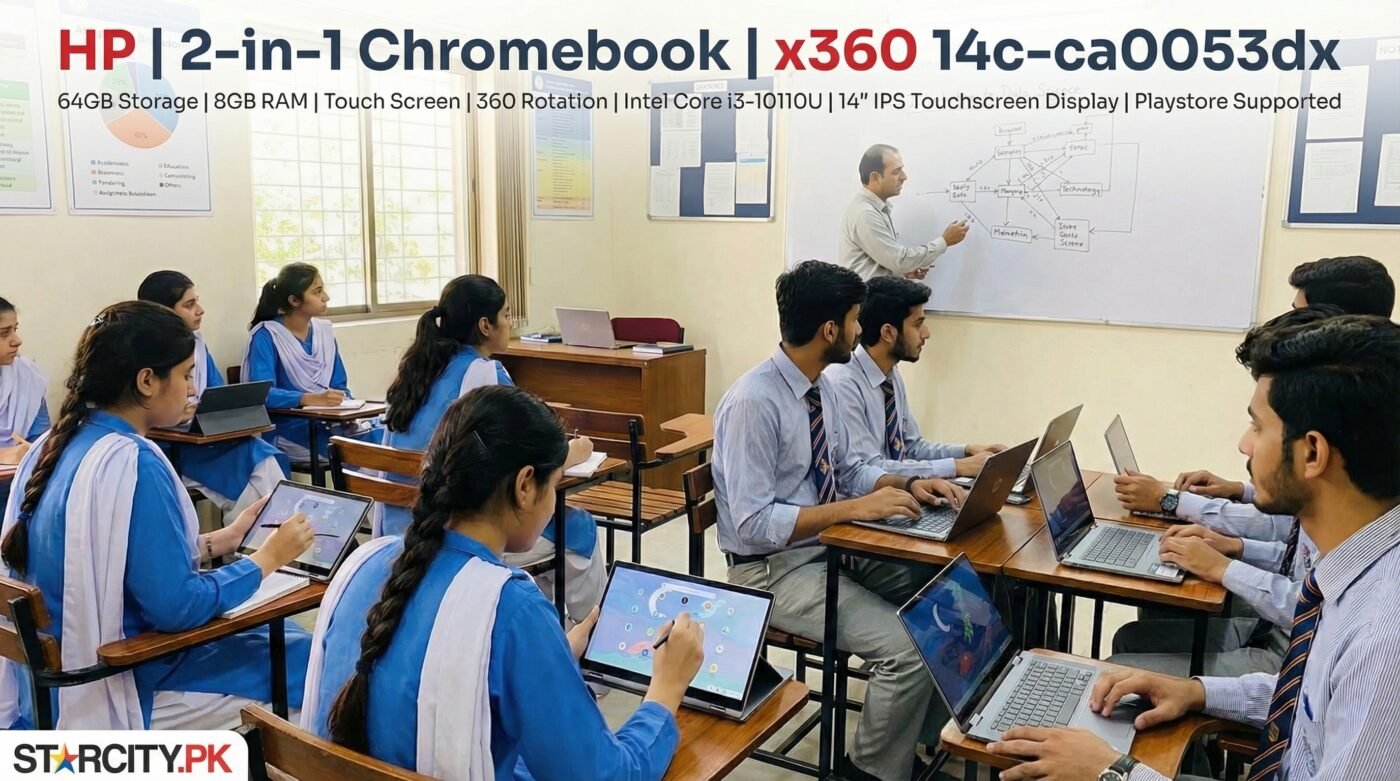 HP Chromebook x360 14c-ca0053dx 14-inch 2-in-1 convertible laptop with Intel Core i3 processor, 8GB RAM, 64GB SSD, and 10-hour battery life, designed for professionals and multitasking