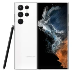 Samsung Galaxy S22 Ultra Phantom White official front and back view with S Pen